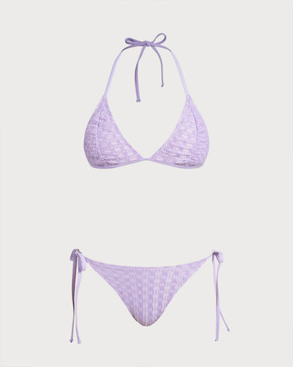 Purple Textured Halter Drawstring Bikini Set