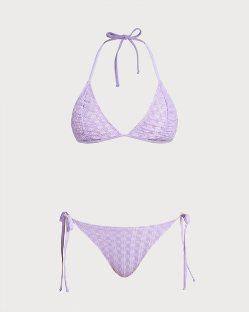 Purple Textured Halter Drawstring Bikini Set