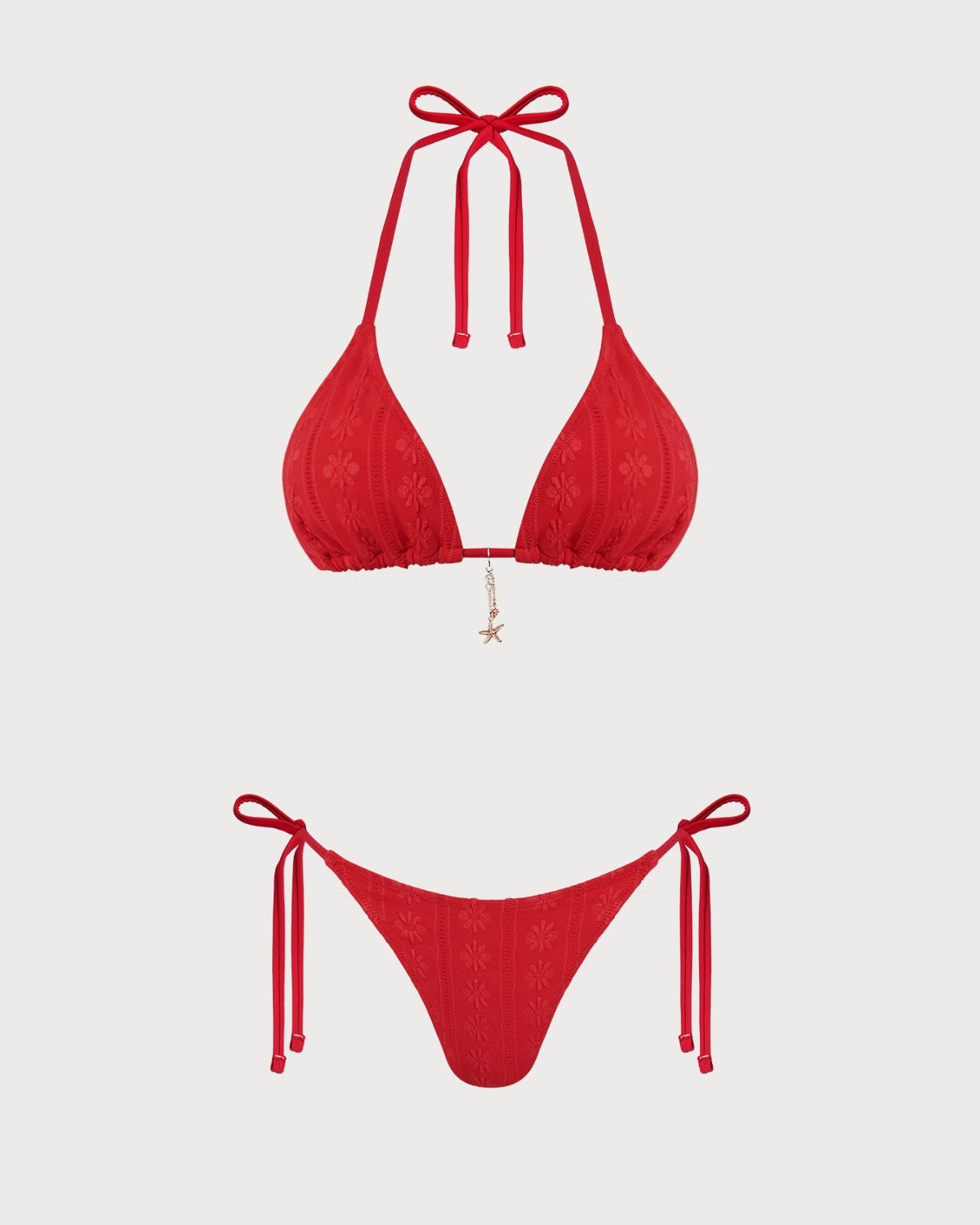 Red Jacquard Halter Drawstring Bikini Set