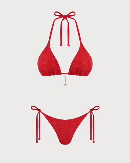 Red Jacquard Halter Drawstring Bikini Set