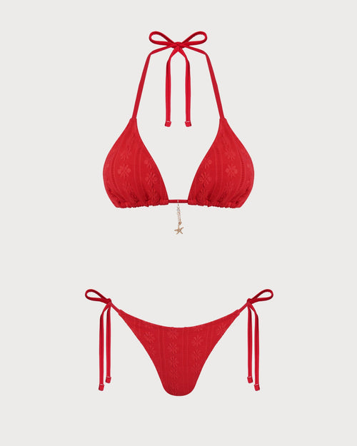 Red Jacquard Halter Drawstring Bikini Set