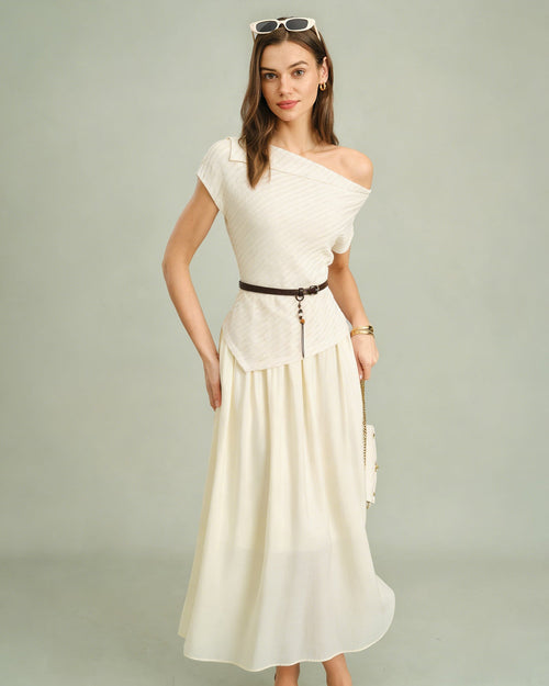 Apricot Boat Neck Belt Midi Dress