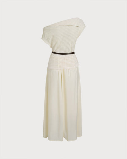 Apricot Boat Neck Belt Midi Dress