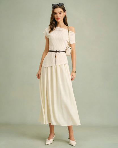 Apricot Boat Neck Belt Midi Dress