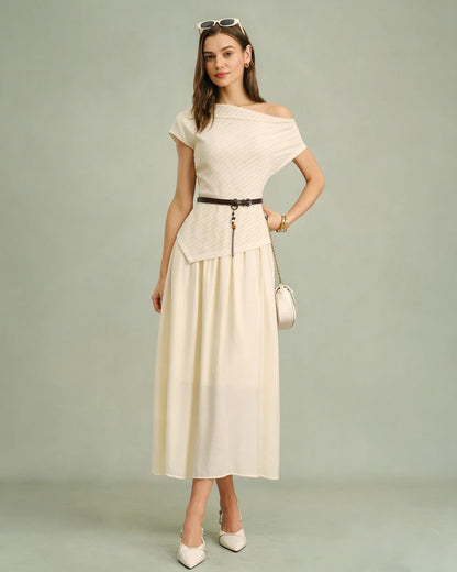 Apricot Boat Neck Belt Midi Dress