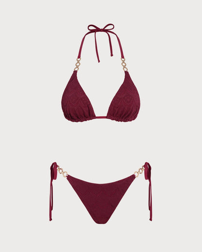 Brick Red Halter Drawstring Reversible Bikini Set