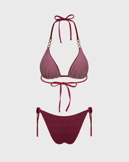 Brick Red Halter Drawstring Reversible Bikini Set