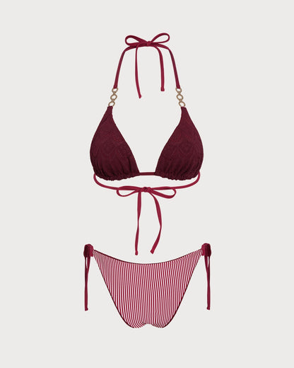Brick Red Halter Drawstring Reversible Bikini Set