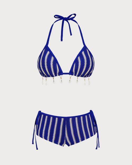 Blue Contrasting Halter Triangle Bikini Set