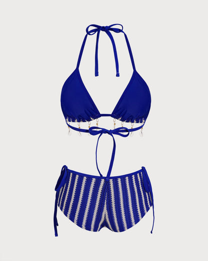 Blue Contrasting Halter Triangle Bikini Set