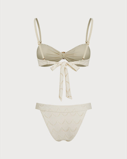 Off White Drawstring Bandeau Bikini Set