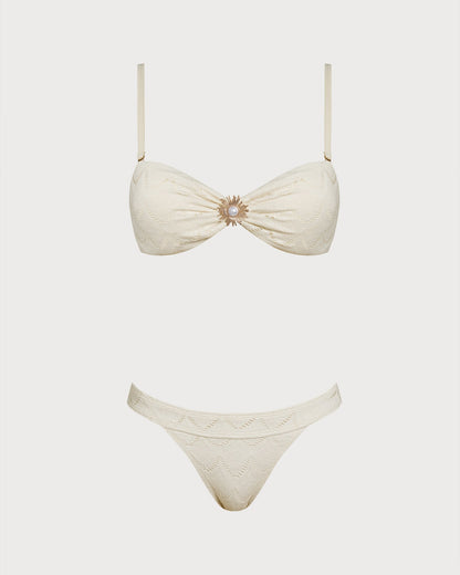 Off White Drawstring Bandeau Bikini Set