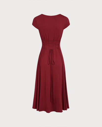 Red Square Neck Pocket Midi Dress