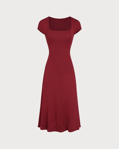 Red Square Neck Pocket Midi Dress