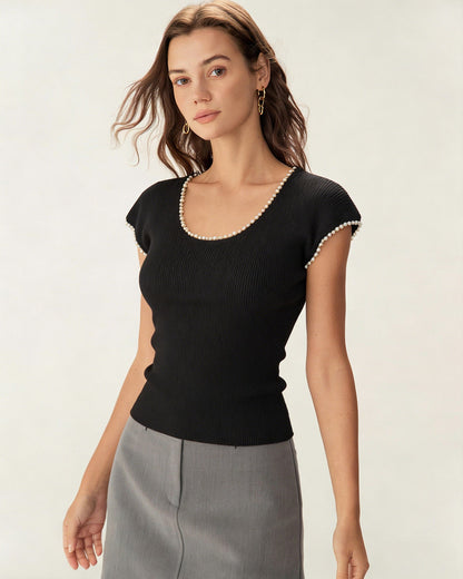 Black U Neck Pearl Tee