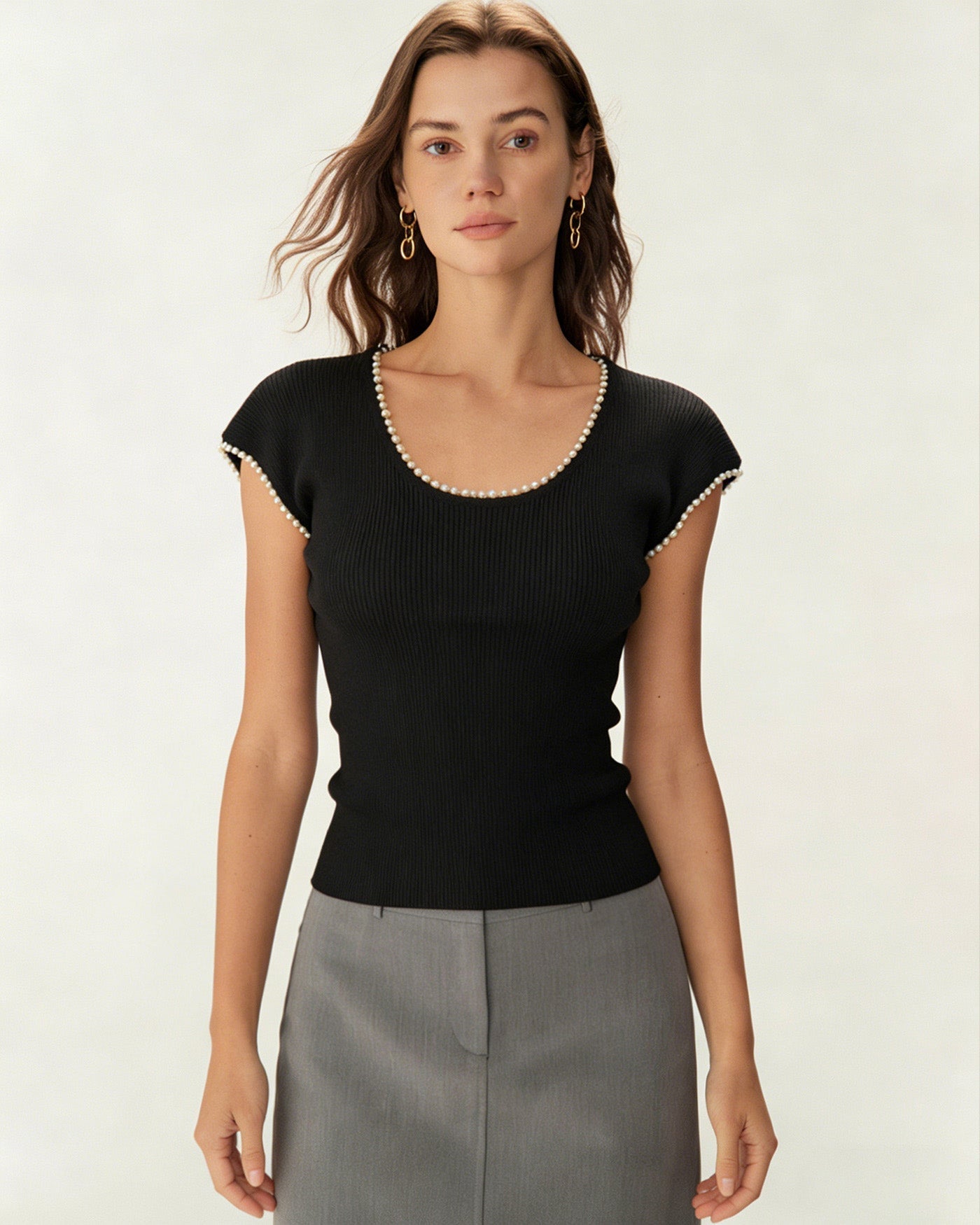 Black U Neck Pearl Tee