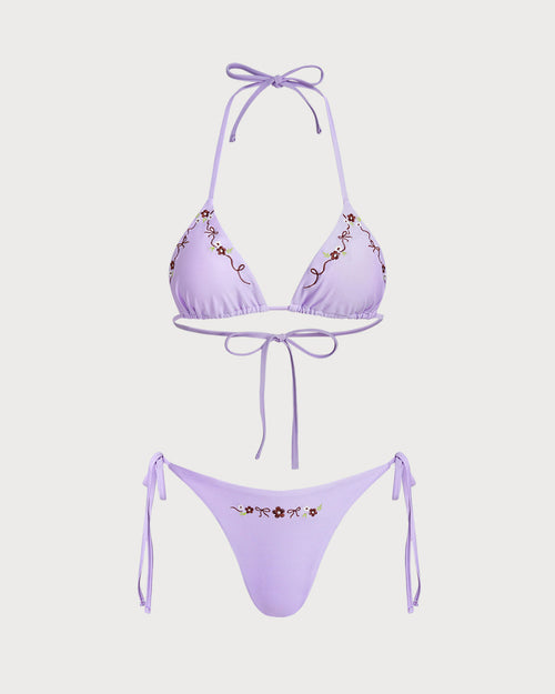 Purple Drawstring Triangle Bikini Set