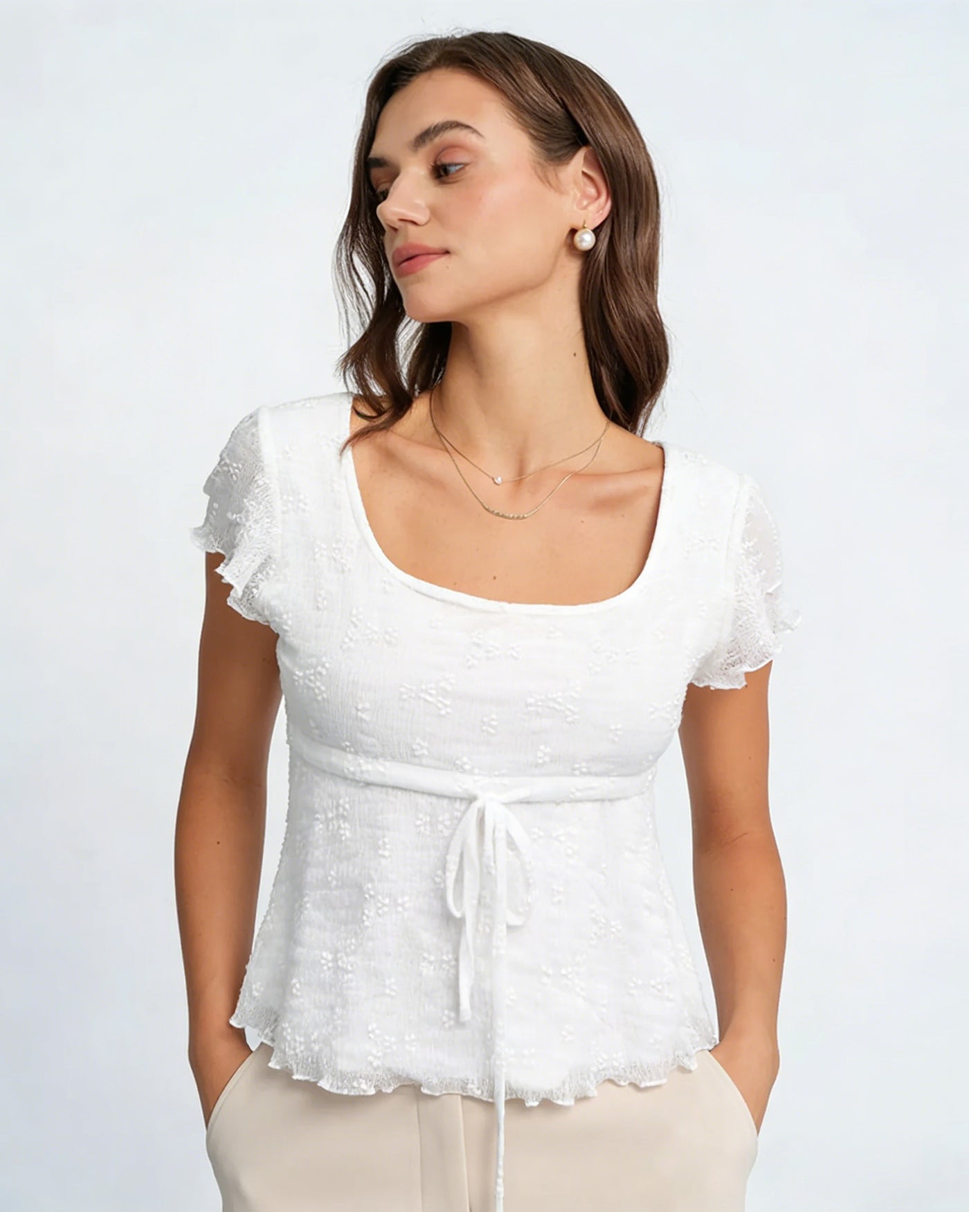 White Square Neck Textured Tee