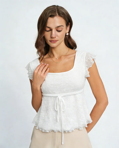 White Square Neck Textured Tee