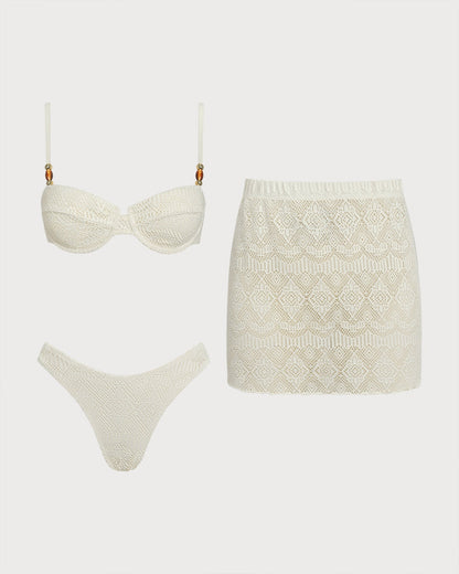 White Textured Underwire Three-Piece Set