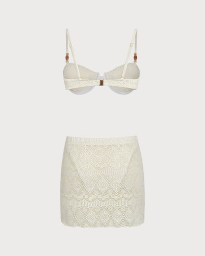 White Textured Underwire Three-Piece Set