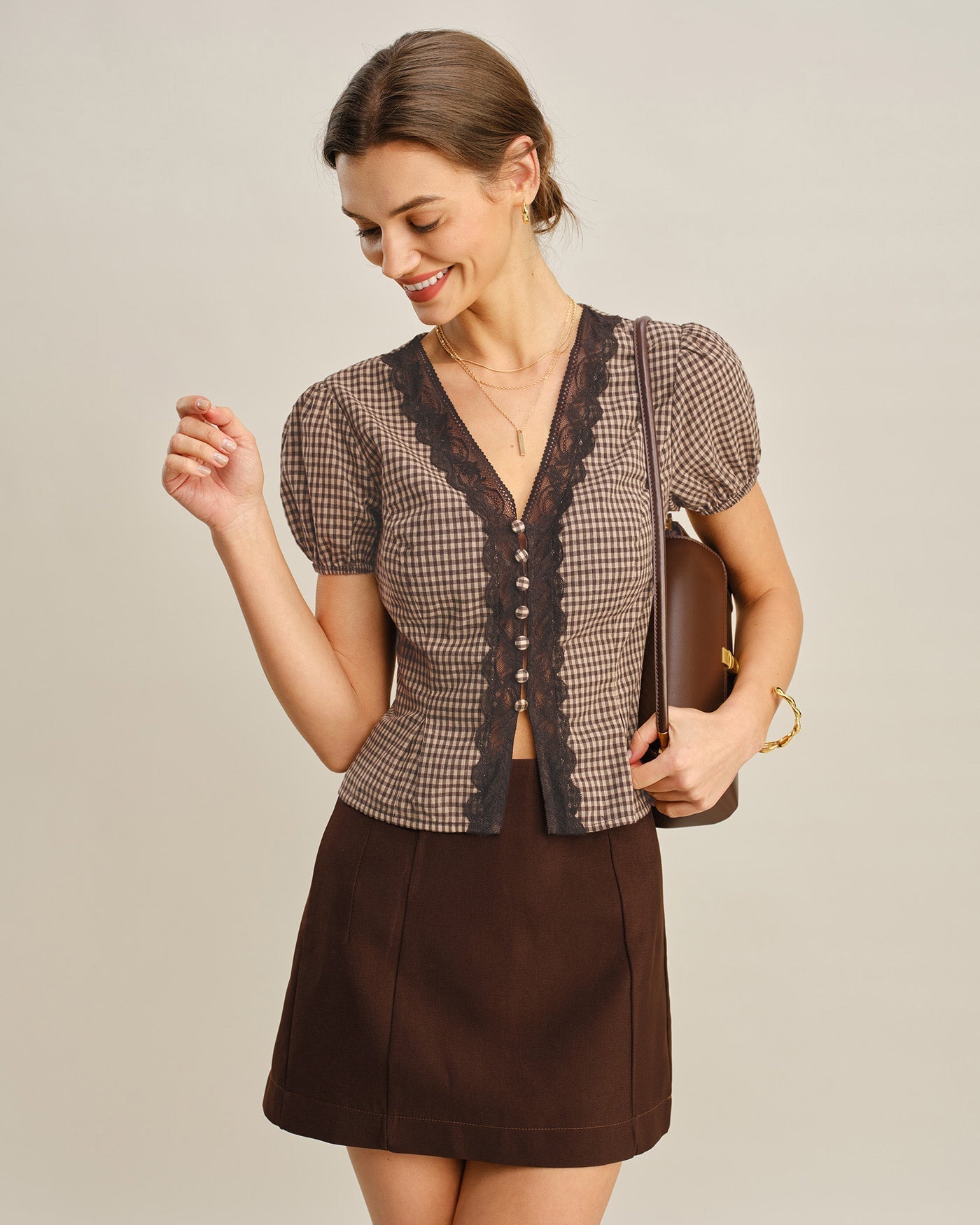 Brown V Neck Puffed Sleeve Plaid Blouse