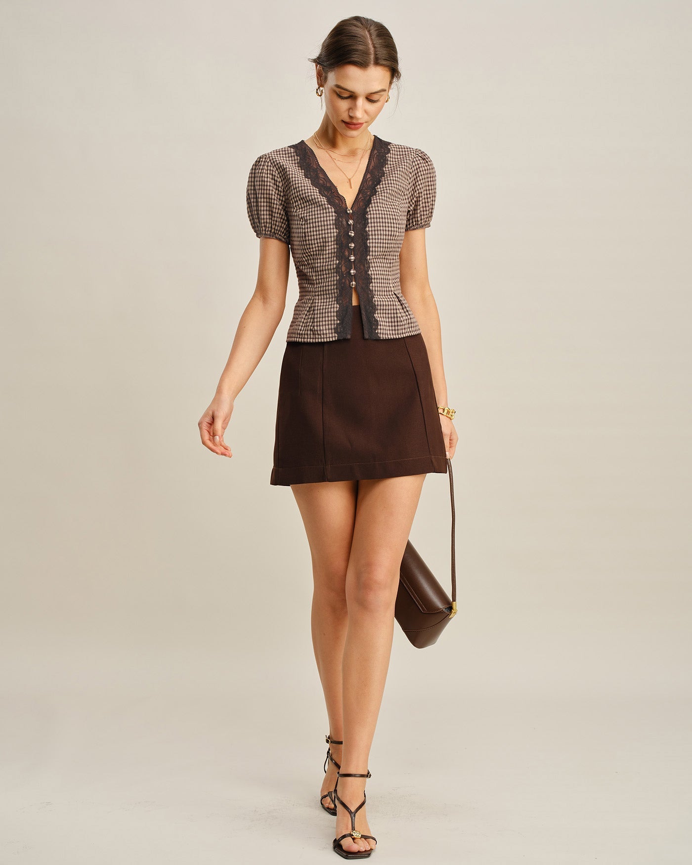 Brown V Neck Puffed Sleeve Plaid Blouse