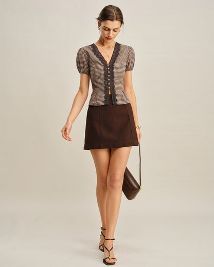 Brown V Neck Puffed Sleeve Plaid Blouse
