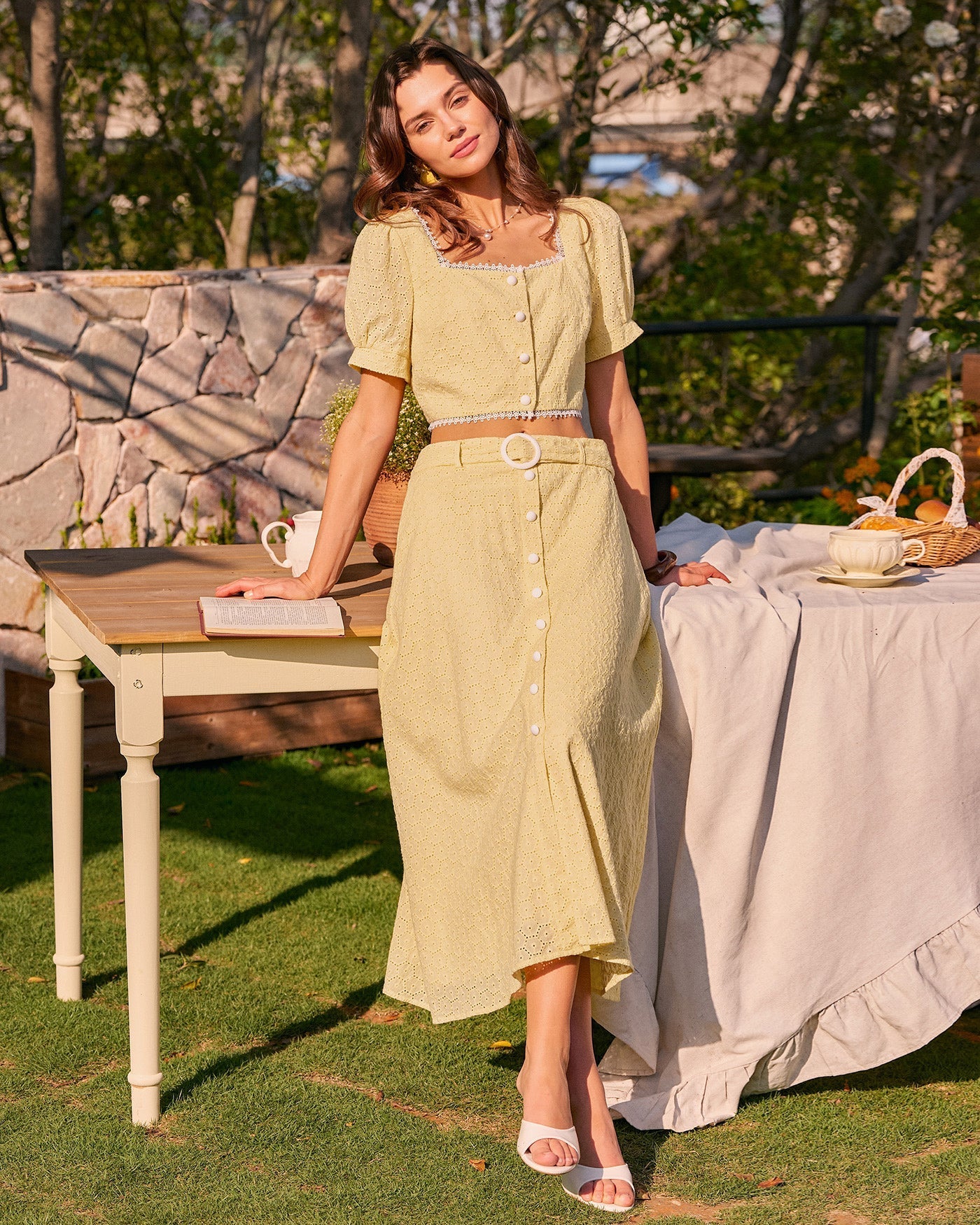 Yellow Square Neck Embroidery Blouse