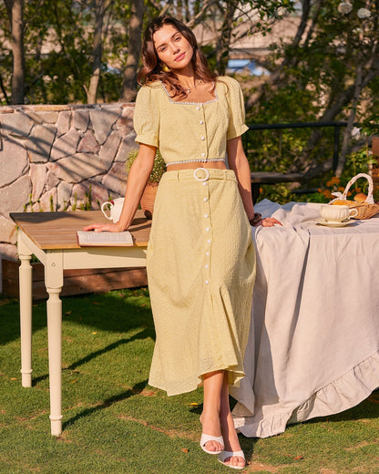 Yellow Square Neck Embroidery Blouse