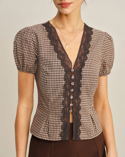Brown V Neck Puffed Sleeve Plaid Blouse
