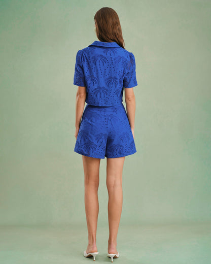 Blue Textured Button Collar Blouse