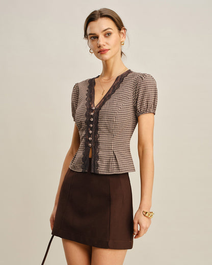 Brown V Neck Puffed Sleeve Plaid Blouse