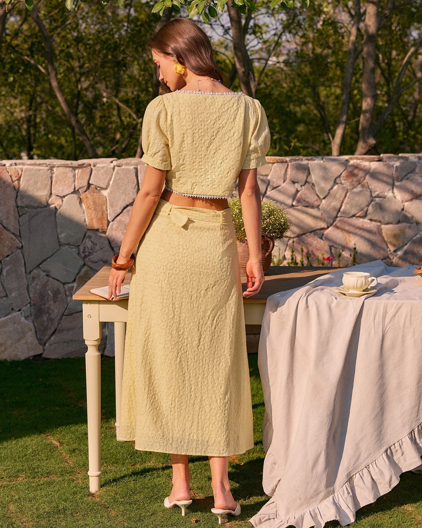 Yellow Square Neck Embroidery Blouse