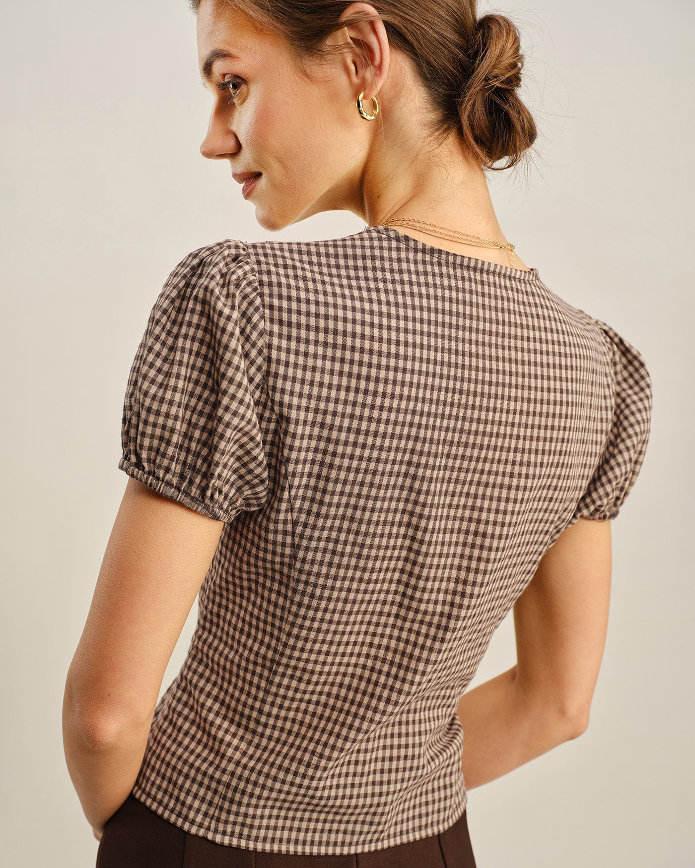 Brown V Neck Puffed Sleeve Plaid Blouse