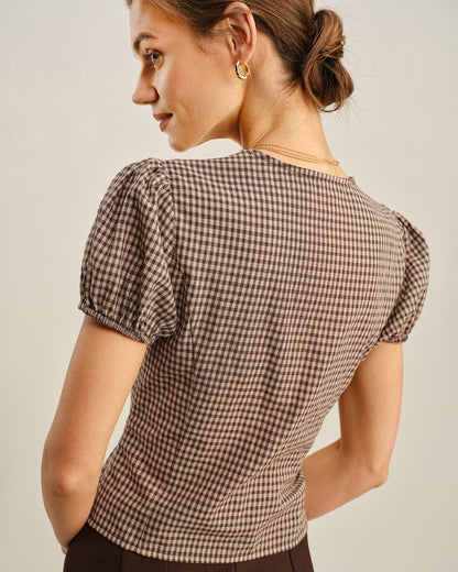 Brown V Neck Puffed Sleeve Plaid Blouse