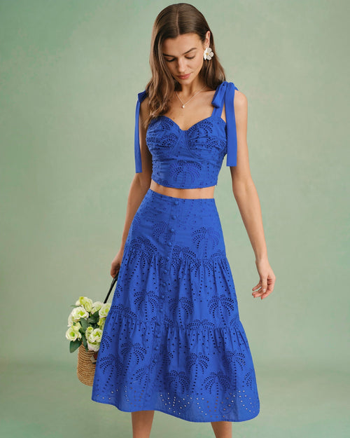 Blue Sweetheart Neck Embroidery Cami Top