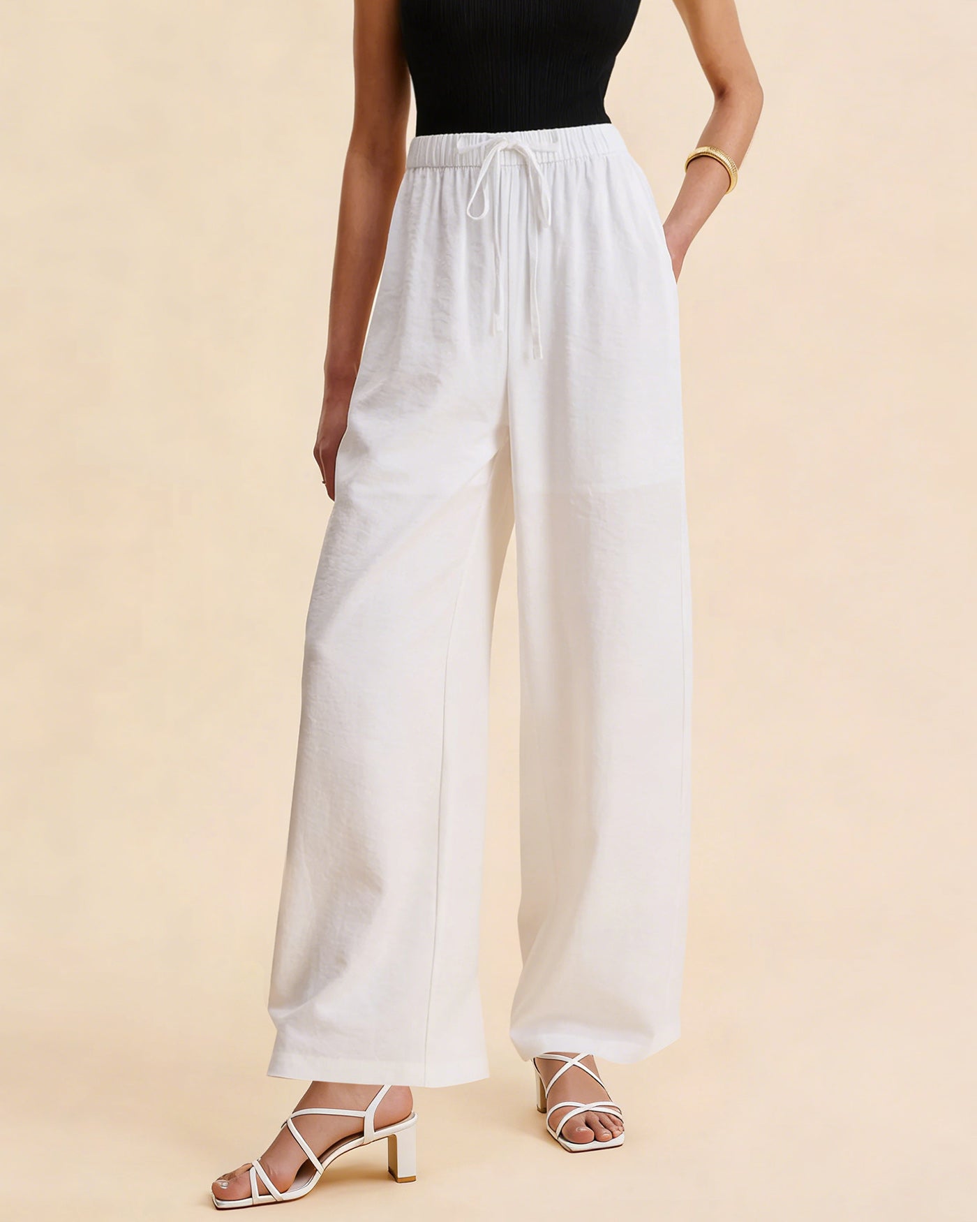 White Elastic Waist Straight Pants