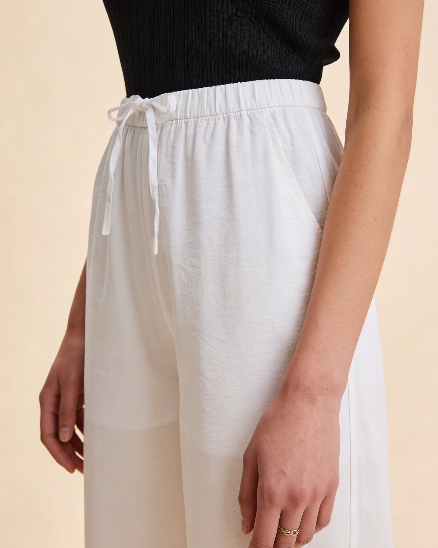 White Elastic Waist Straight Pants