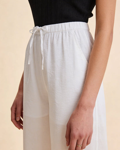 White Elastic Waist Straight Pants