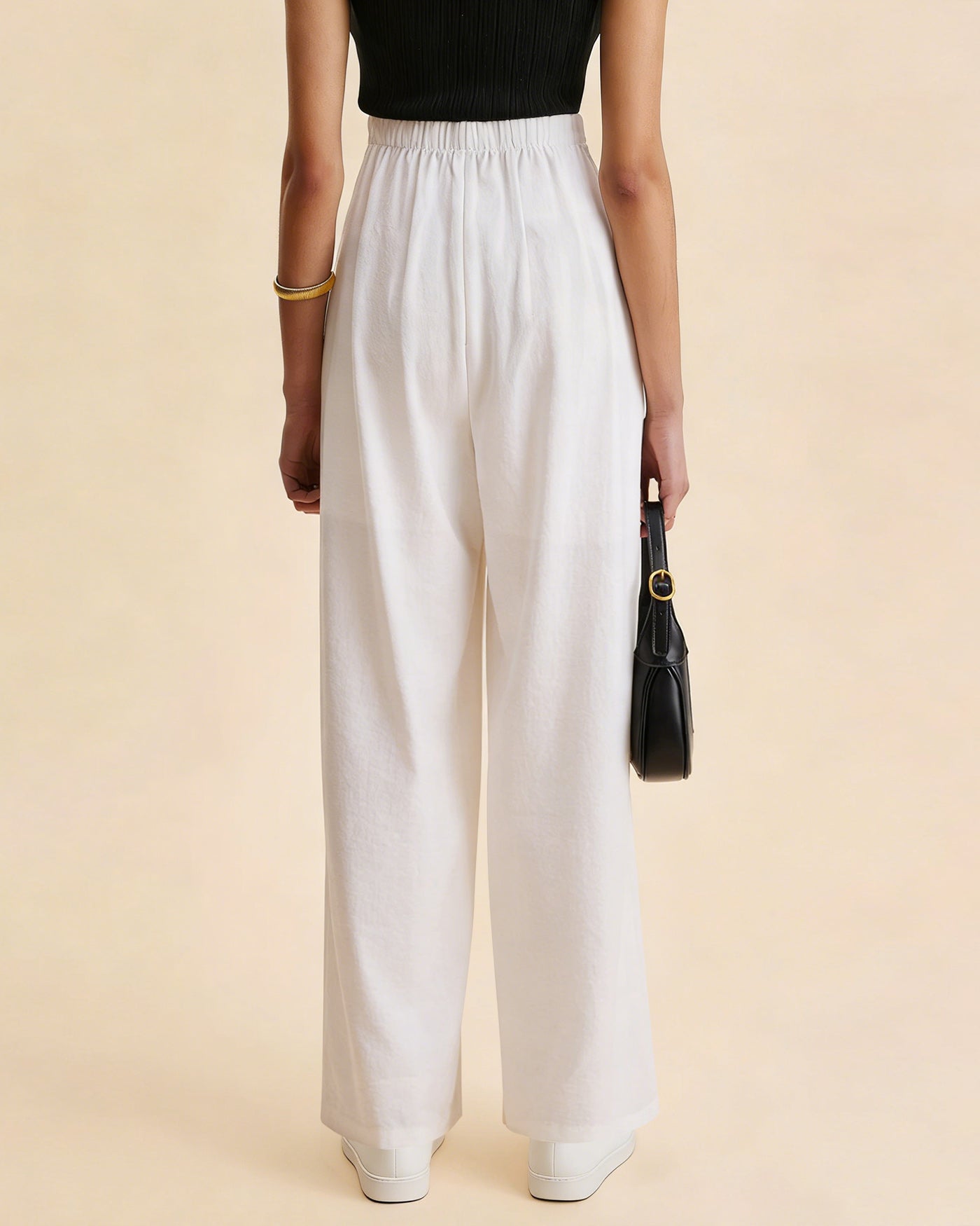 White Elastic Waist Straight Pants