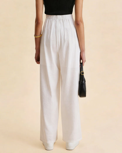 White Elastic Waist Straight Pants