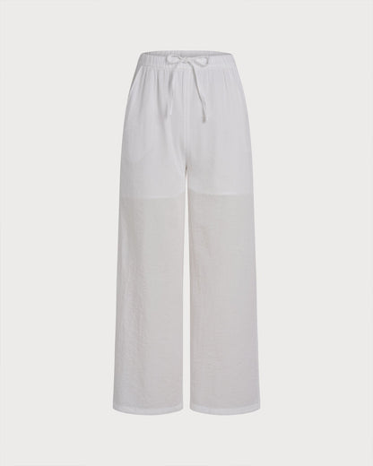 White Elastic Waist Straight Pants