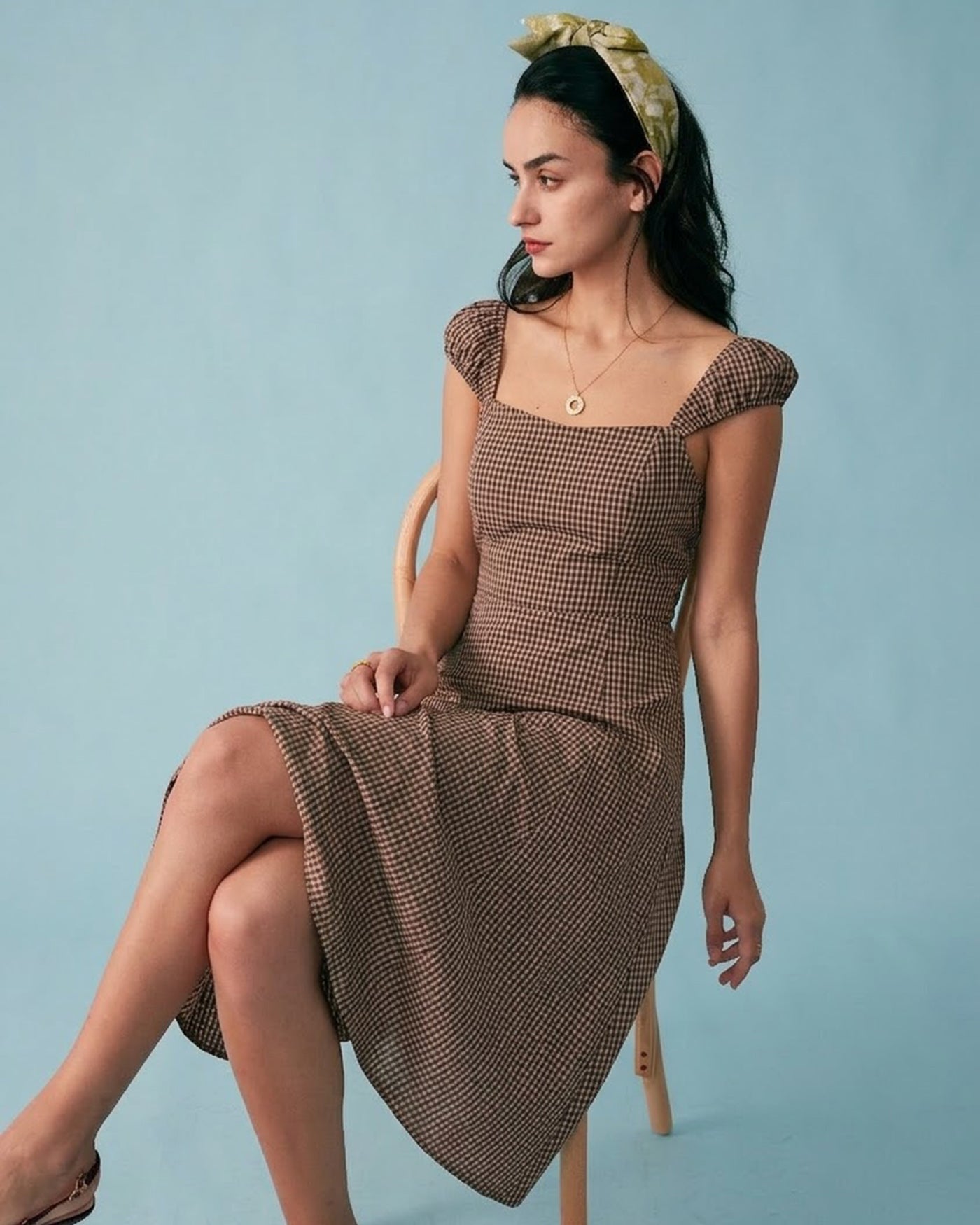 Brown Plaid Sweetheart Neck Midi Dress