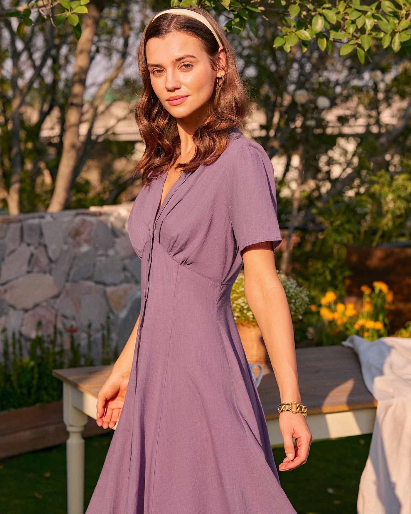 Purple V Neck Button Midi Dress