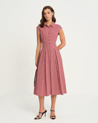 Red Plaid Collar Midi Dress