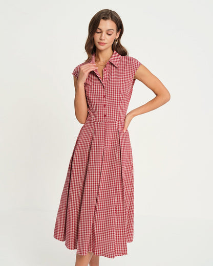 Red Plaid Collar Midi Dress