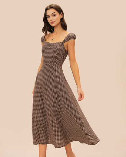 Brown Plaid Sweetheart Neck Midi Dress