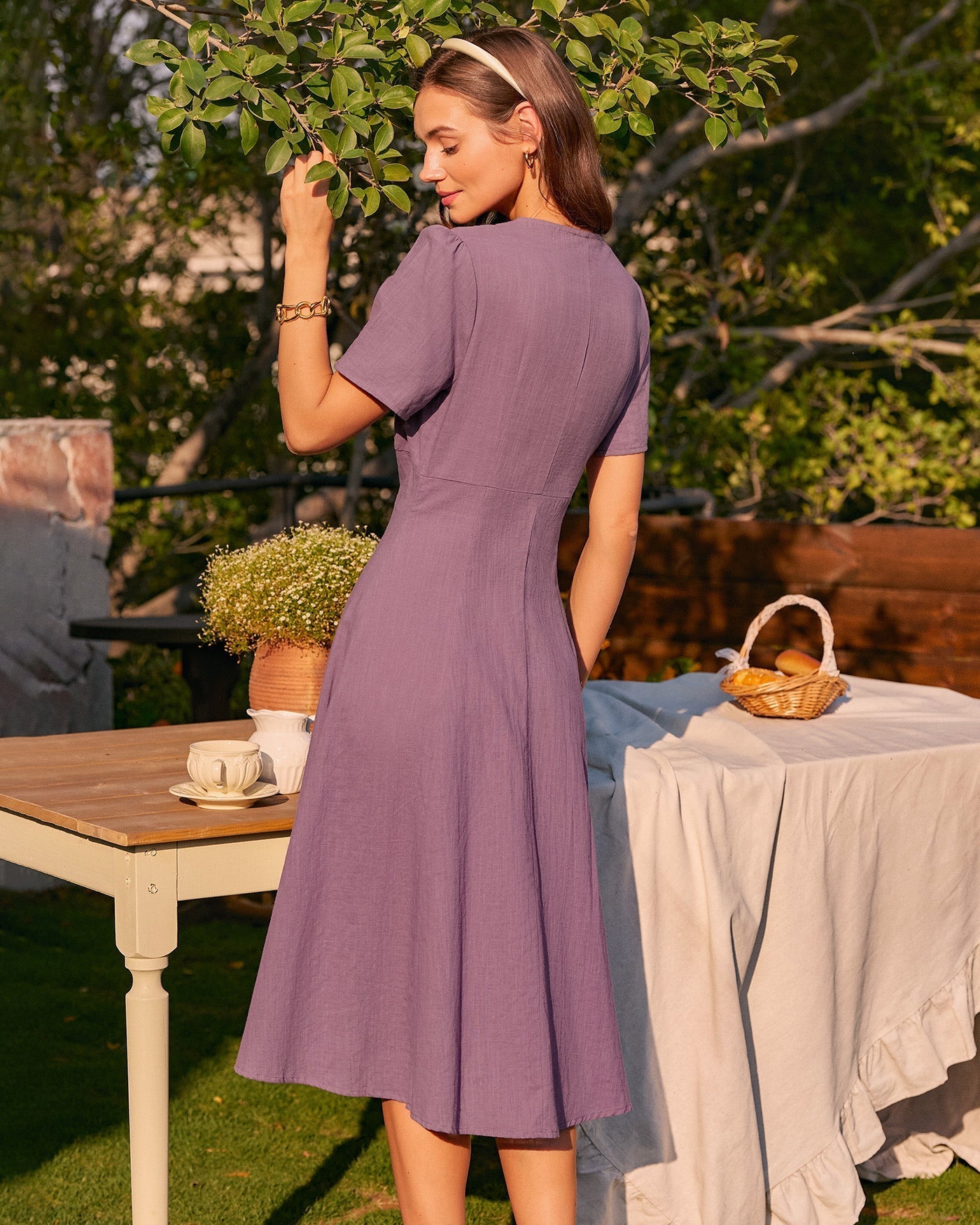 Purple V Neck Button Midi Dress