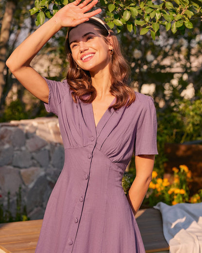 Purple V Neck Button Midi Dress
